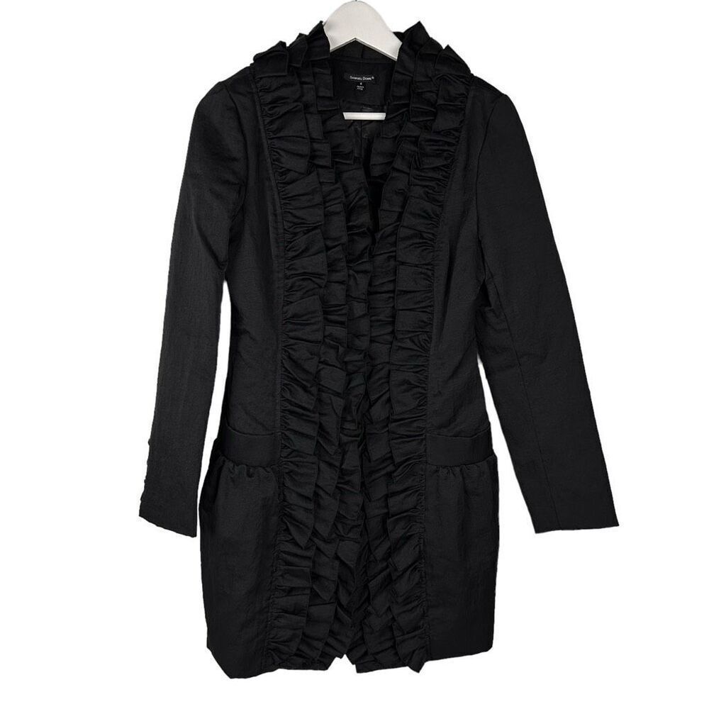 Samuel Dong Ruffled Trench Coat size Small Black Taffeta